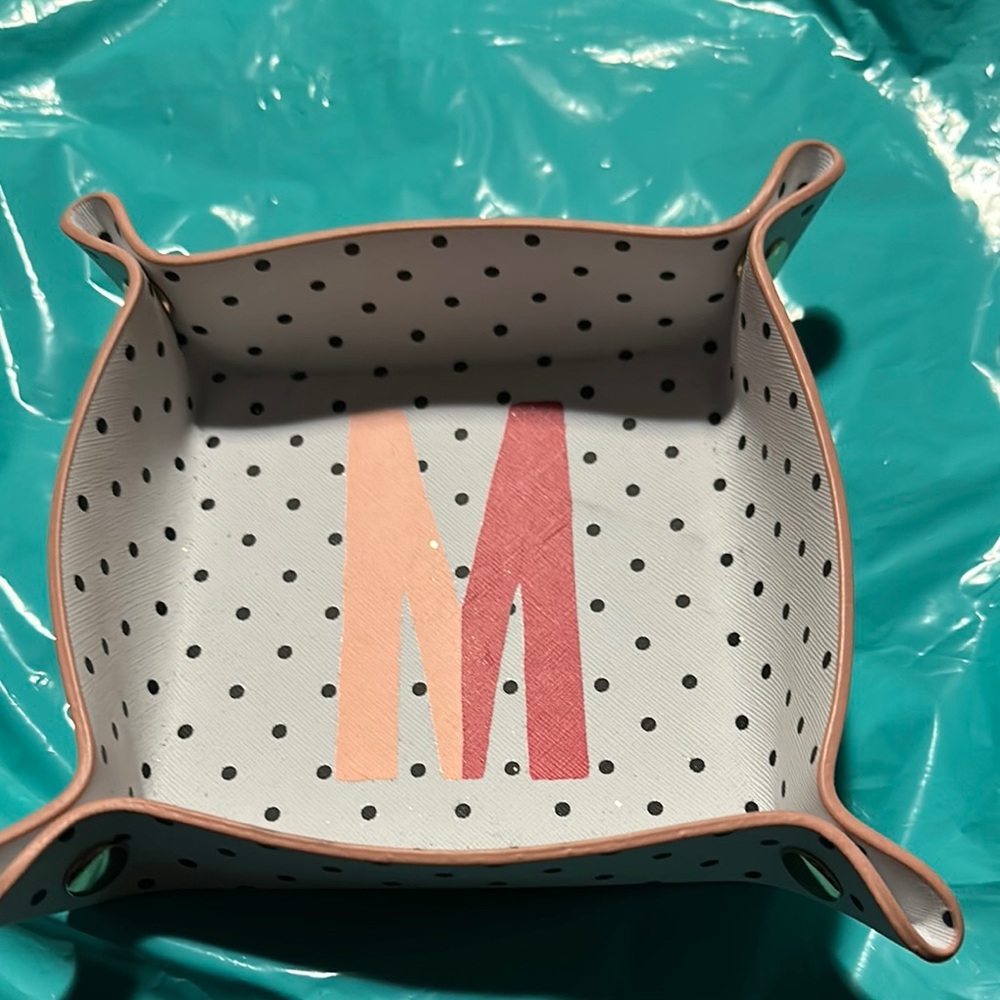 Kate Spade Polka Dot Leather Tray with Pink and Red “M” Initial